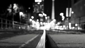 Preview wallpaper rails, road, lights, blur, bw