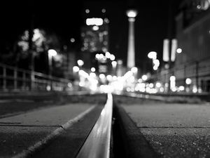 Preview wallpaper rails, road, lights, blur, bw