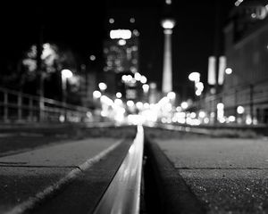 Preview wallpaper rails, road, lights, blur, bw