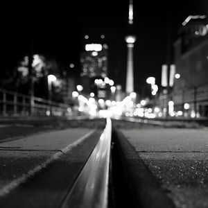 Preview wallpaper rails, road, lights, blur, bw