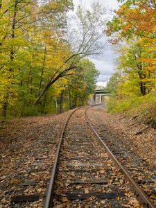 Preview wallpaper rails, road, turn, trees, autumn, landscape