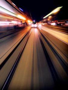 Preview wallpaper rails, tram, movement, speed, light, long exposure