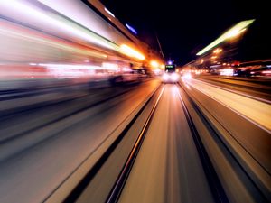 Preview wallpaper rails, tram, movement, speed, light, long exposure