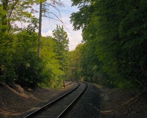 Preview wallpaper rails, turn, forest, trees, landscape