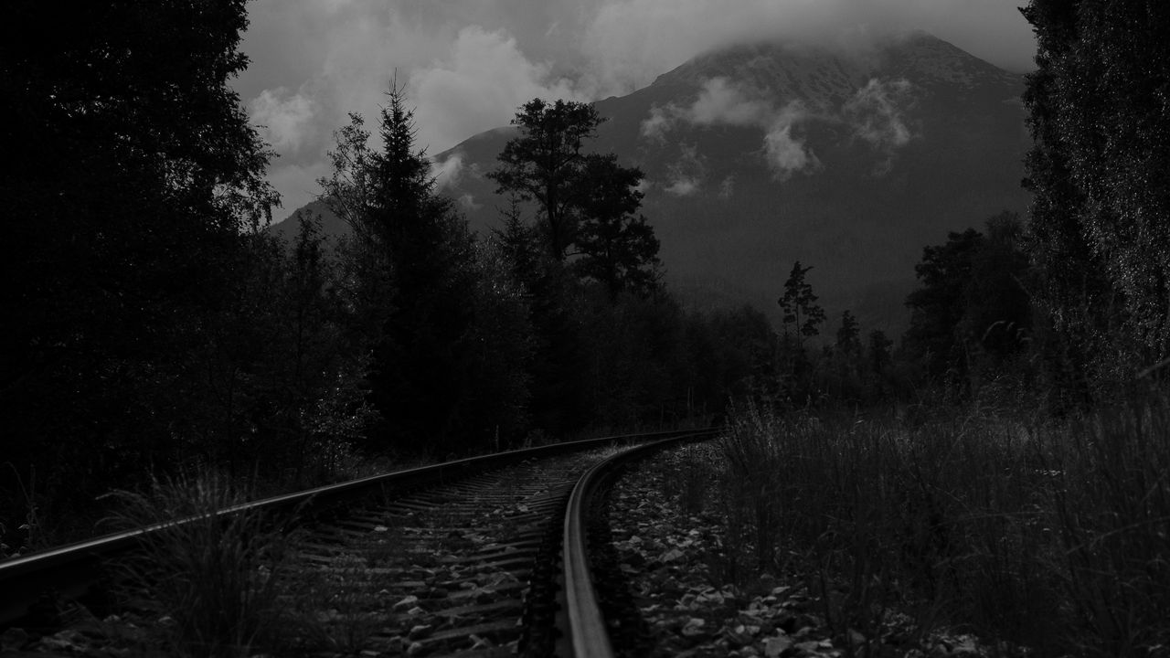 Wallpaper rails, turn, trees, mountains, landscape, black and white