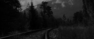 Preview wallpaper rails, turn, trees, mountains, landscape, black and white