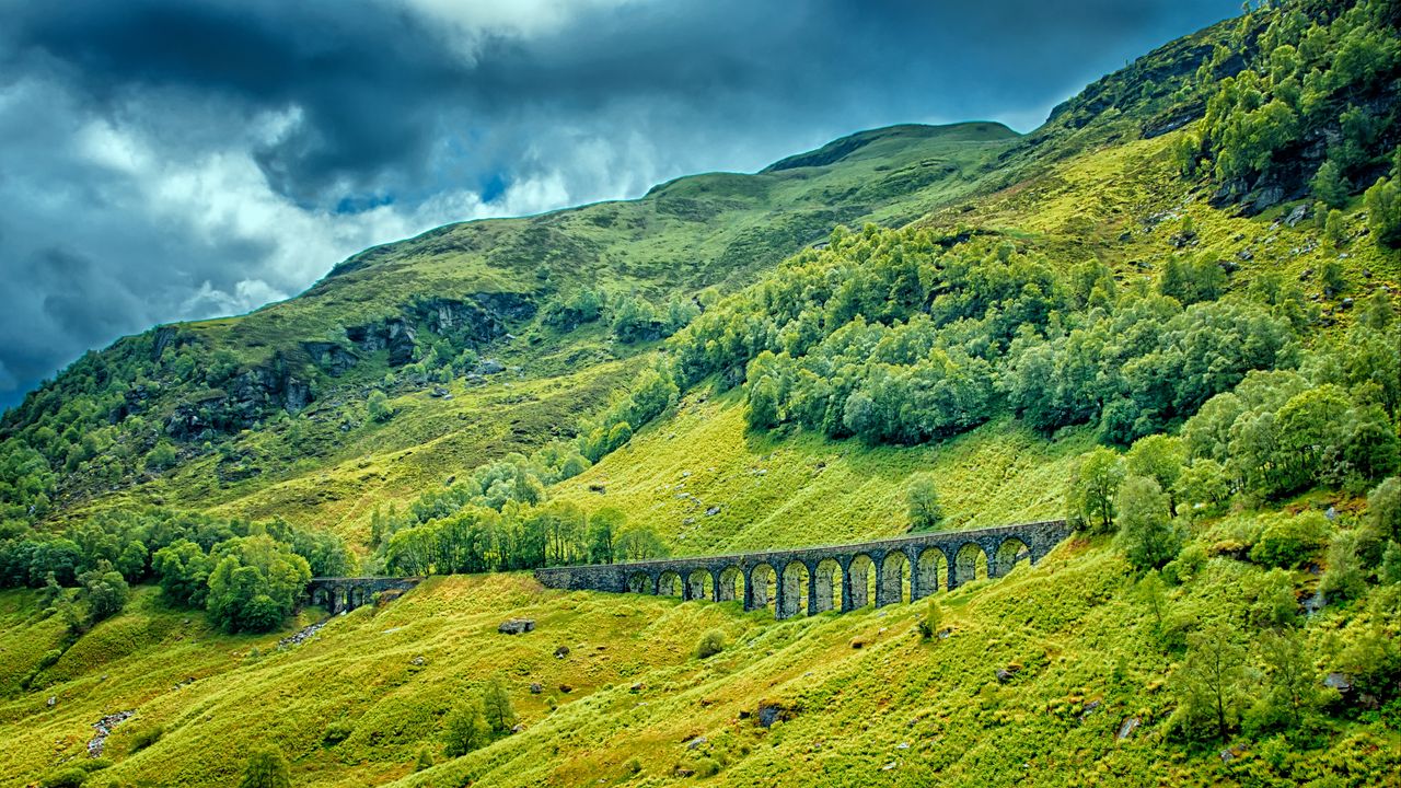 Wallpaper railway bridge, grass, trees