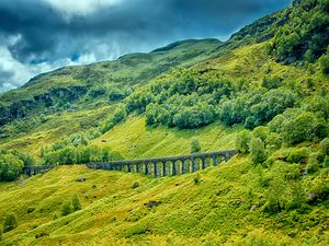 Preview wallpaper railway bridge, grass, trees