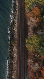 Preview wallpaper railway, coast, aerial view, water, forest