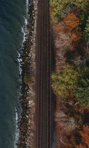 Preview wallpaper railway, coast, aerial view, water, forest