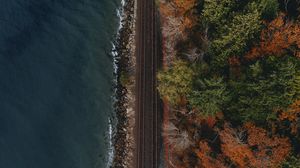 Preview wallpaper railway, coast, aerial view, water, forest