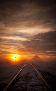 Preview wallpaper railway, fog, snow, sunset, horizon