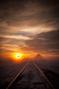 Preview wallpaper railway, fog, snow, sunset, horizon