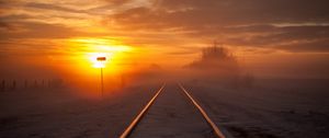 Preview wallpaper railway, fog, snow, sunset, horizon