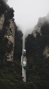 Preview wallpaper railway, fog, train, mountains, aerial view