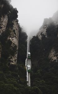 Preview wallpaper railway, fog, train, mountains, aerial view