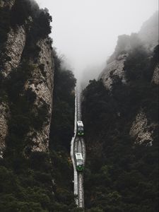 Preview wallpaper railway, fog, train, mountains, aerial view