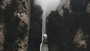 Preview wallpaper railway, fog, train, mountains, aerial view