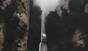 Preview wallpaper railway, fog, train, mountains, aerial view