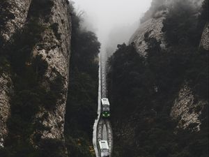 Preview wallpaper railway, fog, train, mountains, aerial view