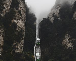 Preview wallpaper railway, fog, train, mountains, aerial view