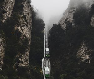 Preview wallpaper railway, fog, train, mountains, aerial view