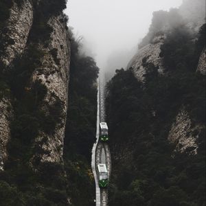 Preview wallpaper railway, fog, train, mountains, aerial view