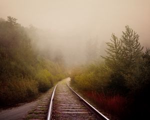 Preview wallpaper railway, fog, turn, trees