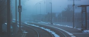Preview wallpaper railway, fog, turn, station