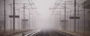 Preview wallpaper railway, fog, wires, rubble, pebbles