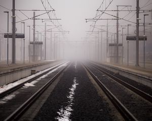 Preview wallpaper railway, fog, wires, rubble, pebbles