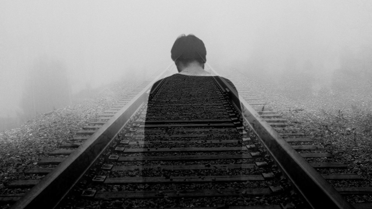 Wallpaper railway, loneliness, bw, back, fog