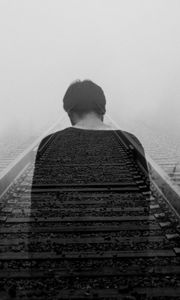 Preview wallpaper railway, loneliness, bw, back, fog