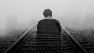 Preview wallpaper railway, loneliness, bw, back, fog