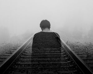 Preview wallpaper railway, loneliness, bw, back, fog