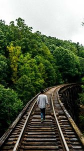 Preview wallpaper railway, man, walk, trees