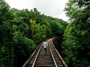 Preview wallpaper railway, man, walk, trees