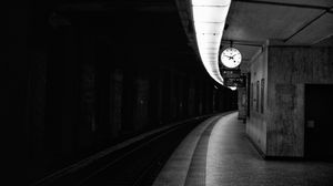 Preview wallpaper railway, metro, bw, station, clock, underground