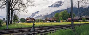 Preview wallpaper railway, mountains, grass