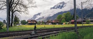 Preview wallpaper railway, mountains, grass