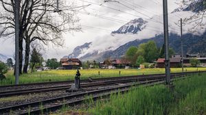 Preview wallpaper railway, mountains, grass