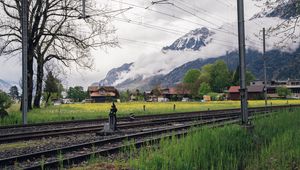 Preview wallpaper railway, mountains, grass