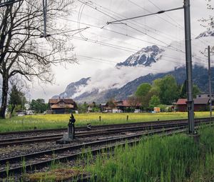 Preview wallpaper railway, mountains, grass