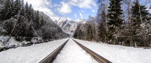 Preview wallpaper railway, mountains, snowy, distance