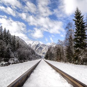 Preview wallpaper railway, mountains, snowy, distance