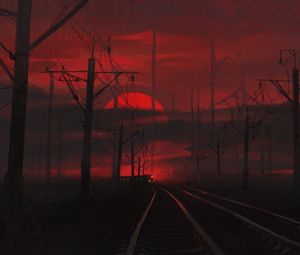 Preview wallpaper railway, night, art, dark, red