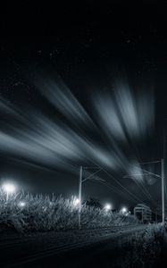 Preview wallpaper railway, night, bw, grass, direction
