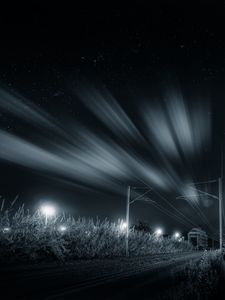 Preview wallpaper railway, night, bw, grass, direction