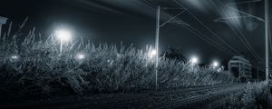 Preview wallpaper railway, night, bw, grass, direction