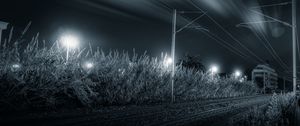 Preview wallpaper railway, night, bw, grass, direction